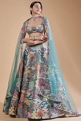 Mykonos Green Raw Silk Printed Lehenga Set by Aisha Rao
