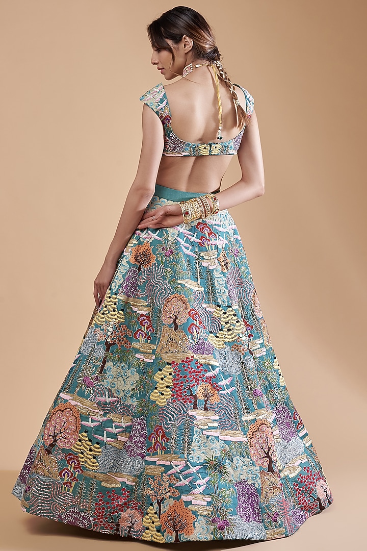 Mykonos Green Raw Silk Printed Bridal Lehenga Set by Aisha Rao at Pernia's Pop Up Shop