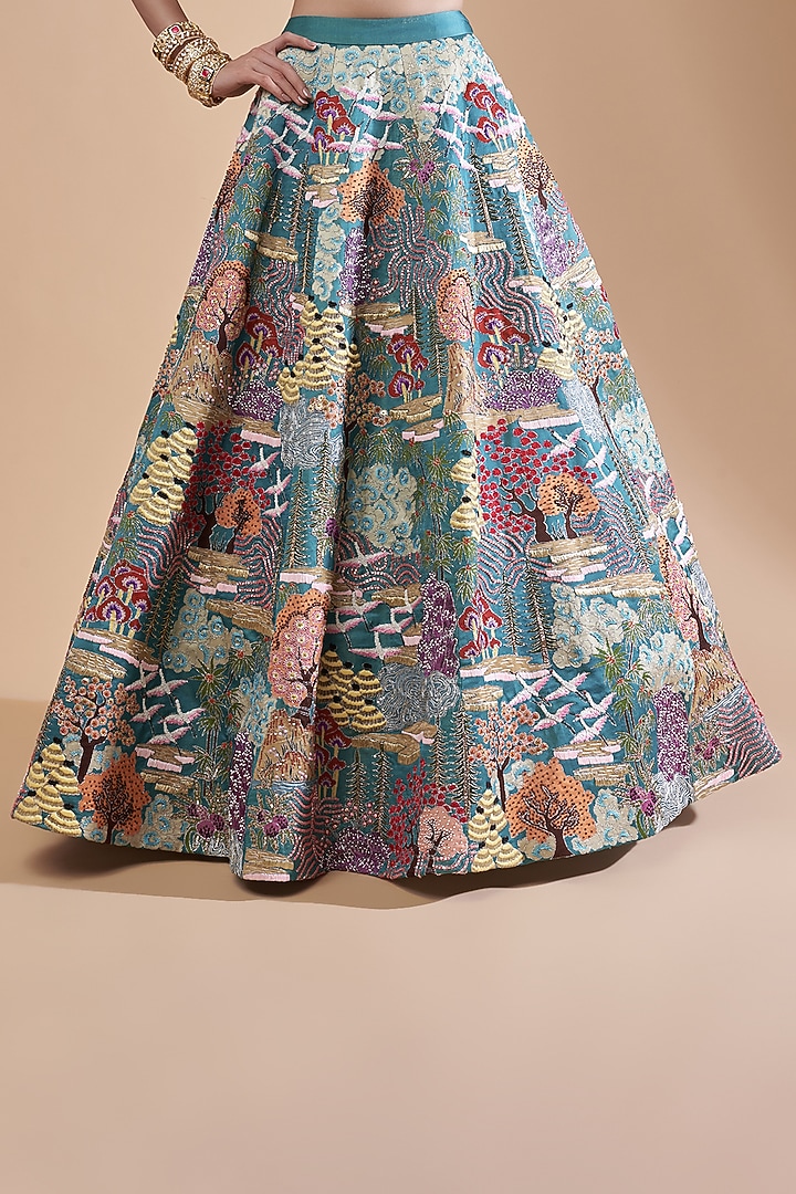 Mykonos Green Raw Silk Printed Bridal Lehenga Set by Aisha Rao at Pernia's Pop Up Shop