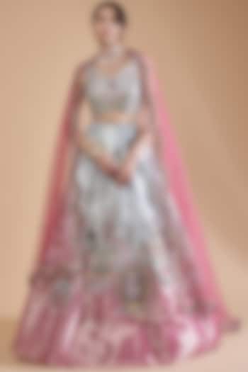 Ivory & Pink Tissue Embellished Bridal Lehenga Set by Aisha Rao at Pernia's Pop Up Shop