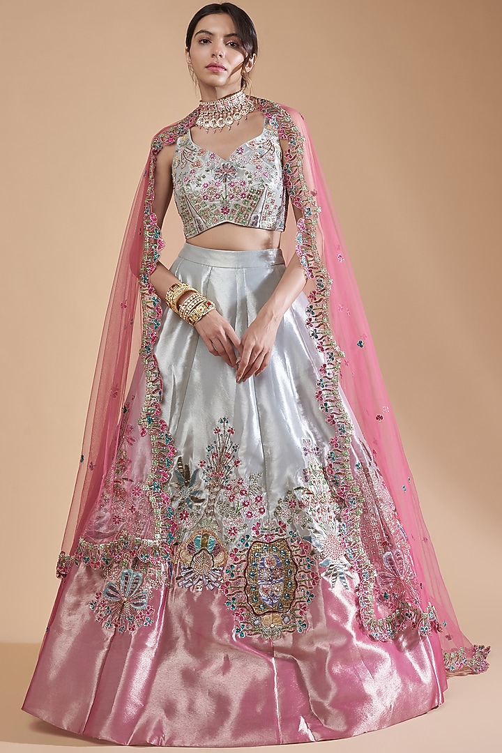 Ivory & Pink Tissue Embellished Bridal Lehenga Set by Aisha Rao at Pernia's Pop Up Shop