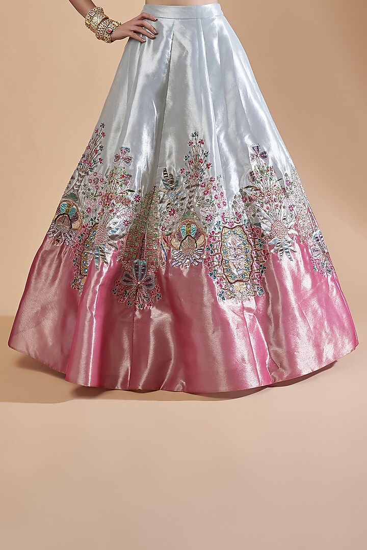 Ivory & Pink Tissue Embellished Bridal Lehenga Set by Aisha Rao at Pernia's Pop Up Shop