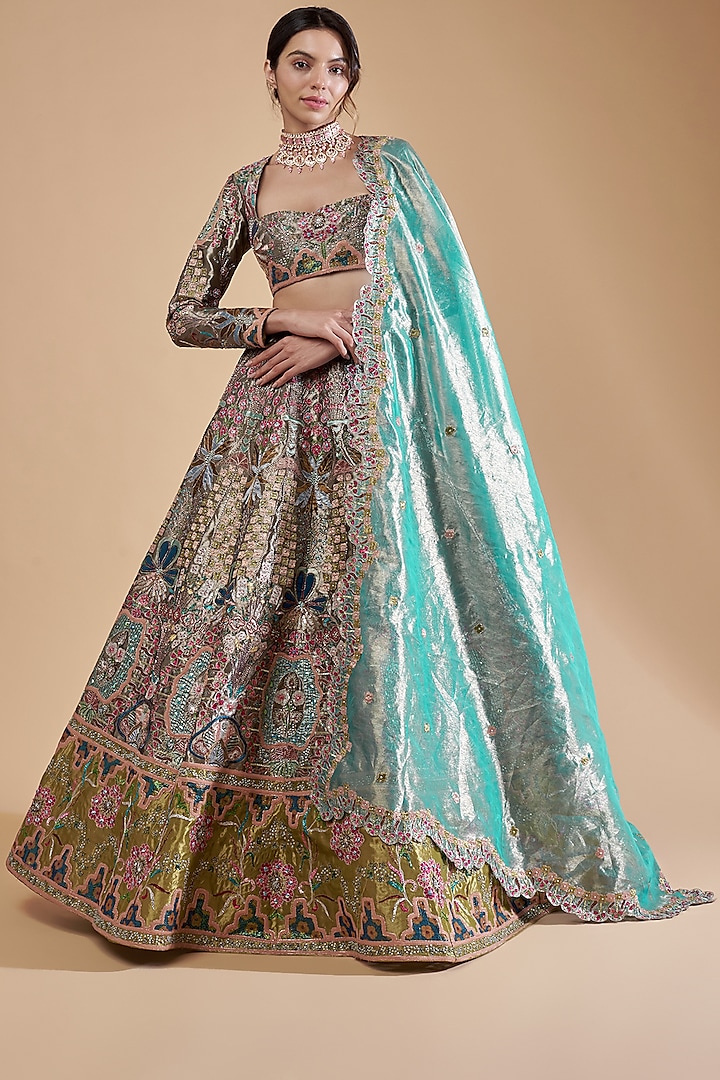 Multi-Colored Tissue Embellished Lehenga Set by Aisha Rao