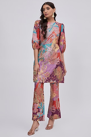 Multi-Colored Raw Silk Printed Kurta Set by Aisha Rao