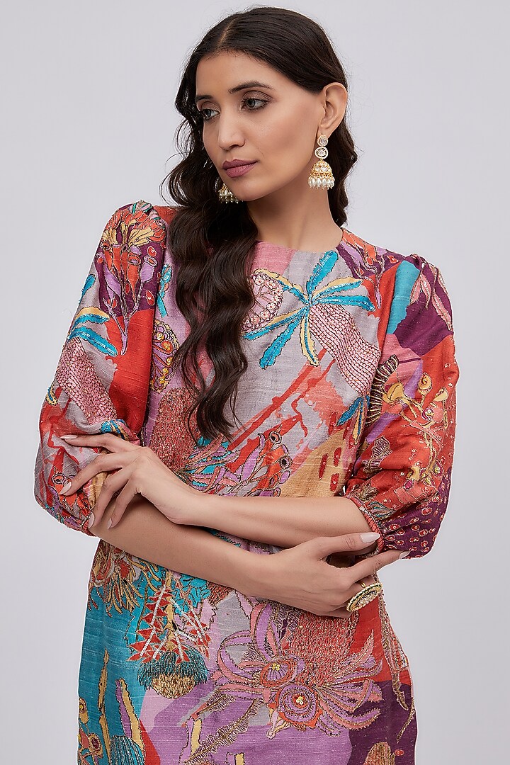 Multi-Colored Raw Silk Printed Kurta Set by Aisha Rao at Pernia's Pop Up Shop