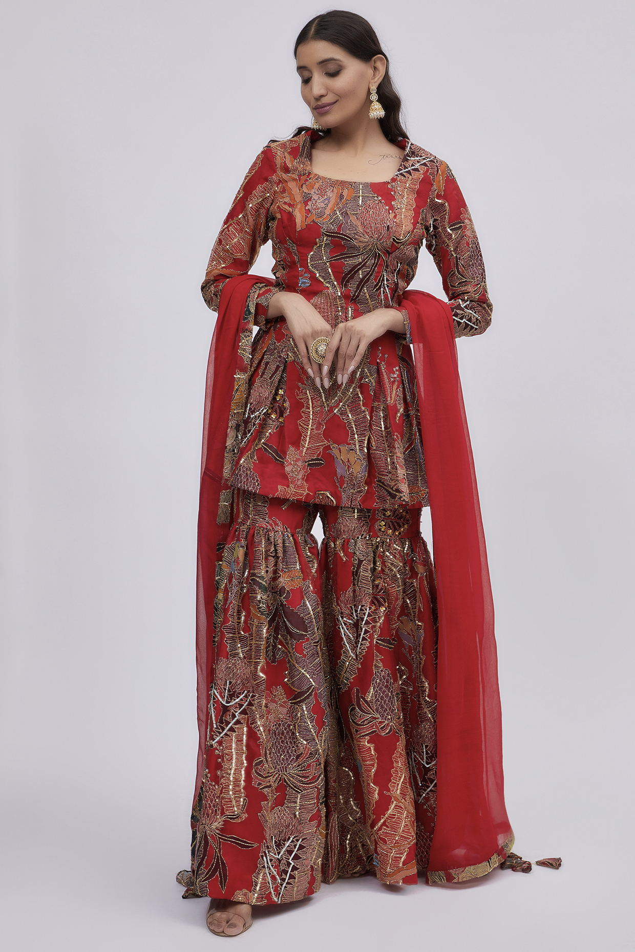 Red Satin Indian Organza Printed Sharara Set by Aisha Rao