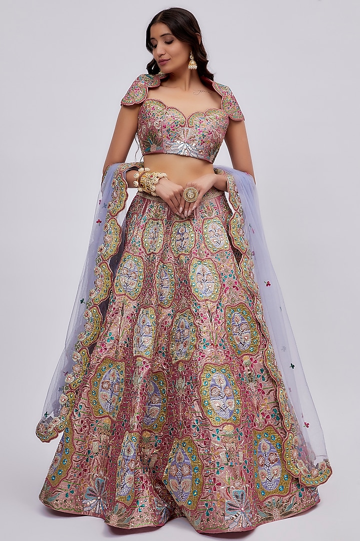Pink Tissue Embellished Bridal Lehenga Set by Aisha Rao at Pernia's Pop Up Shop
