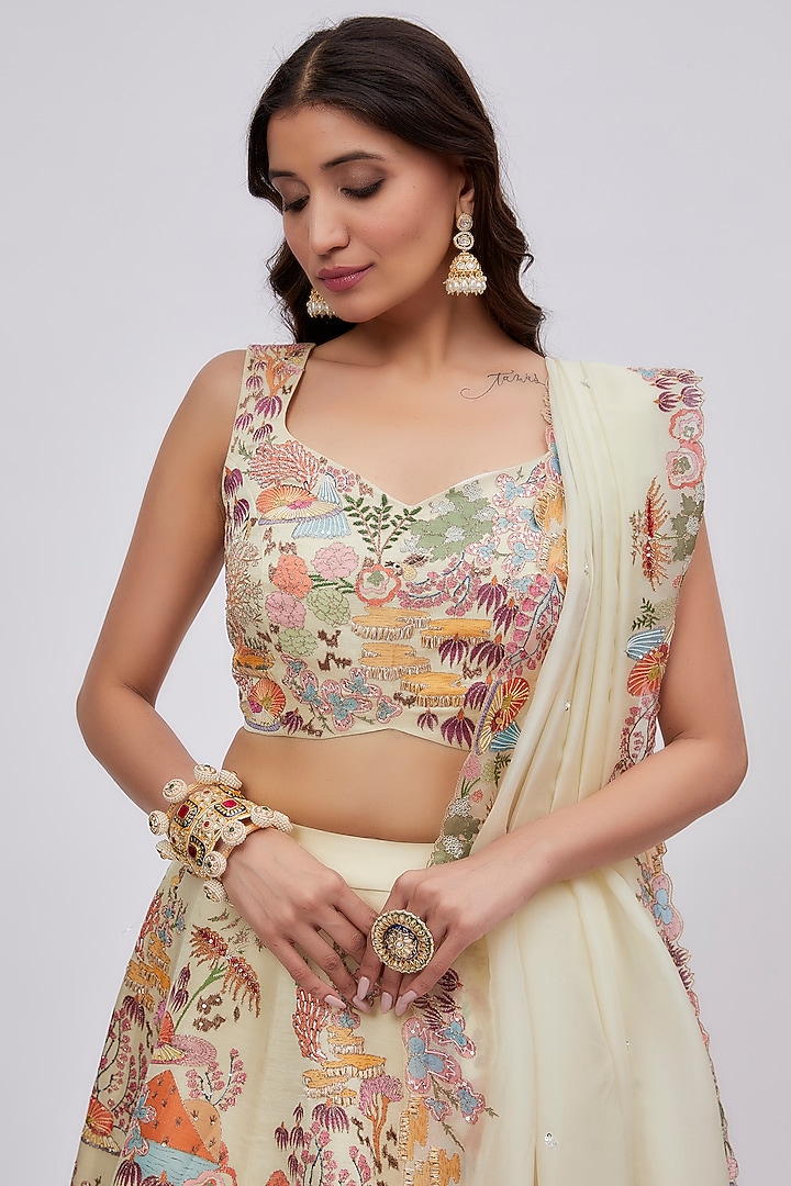 Ivory Kasab Satin Embellished Bridal Lehenga Set by Aisha Rao at Pernia's Pop Up Shop