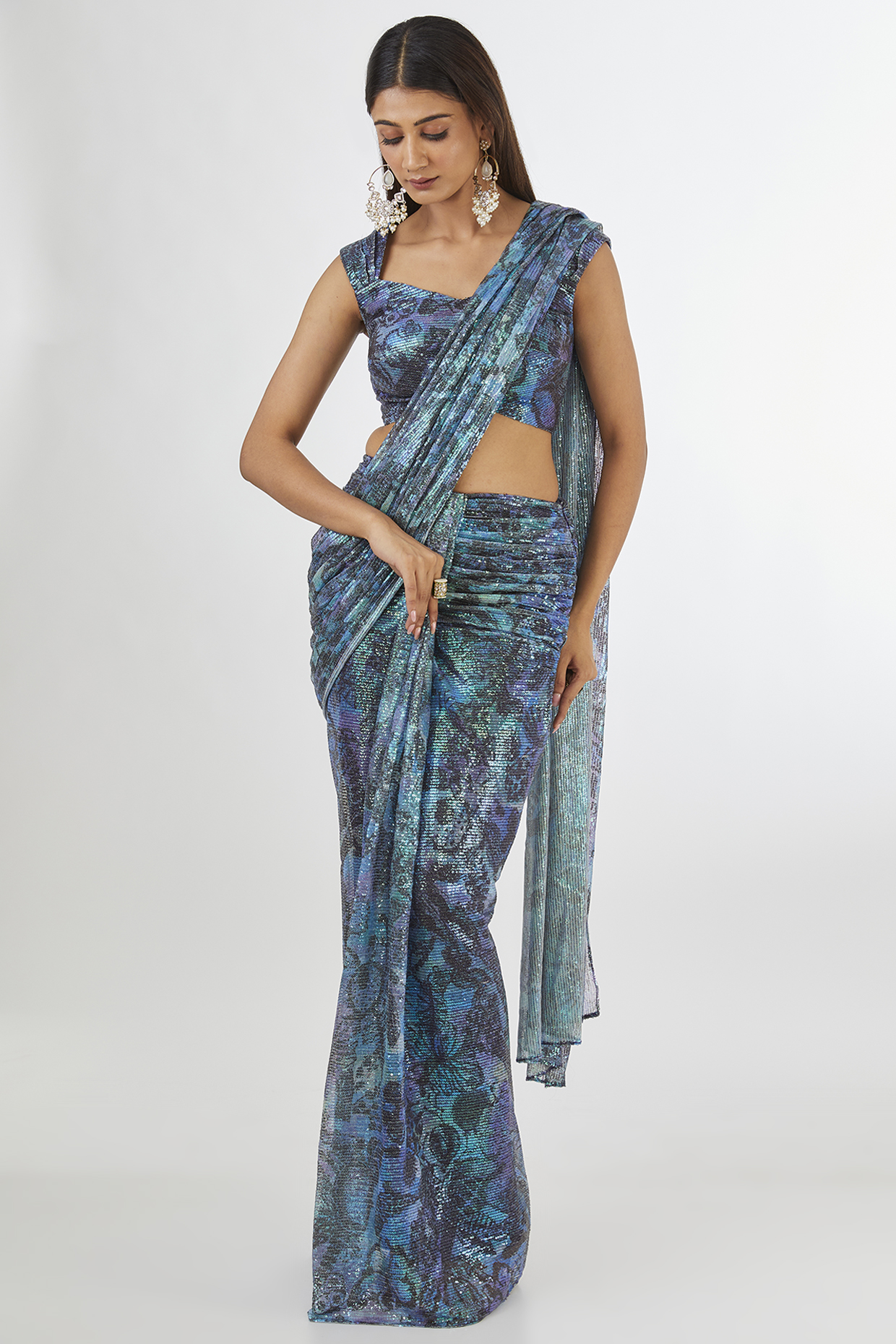Spectrum Blue Sequins Tulle Printed Pre-Draped Reception Saree Set by Aisha Rao at Pernia's Pop Up Shop