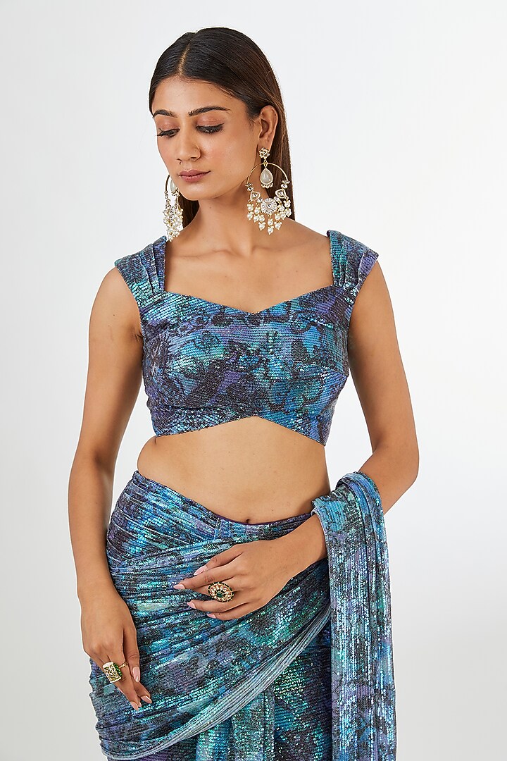Spectrum Blue Sequins Tulle Printed Pre-Draped Reception Saree Set by Aisha Rao at Pernia's Pop Up Shop
