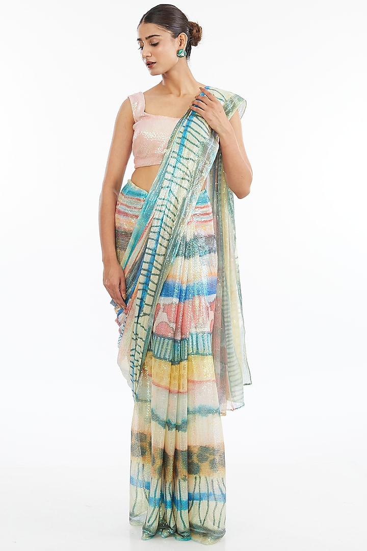 Multi-Colored Sequins Tulle Printed Pre-Stitched Saree Set by Aisha Rao