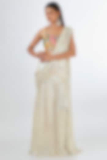 Ivory Sequins Tulle Printed Pre-Draped Wedding Saree Set by Aisha Rao at Pernia's Pop Up Shop