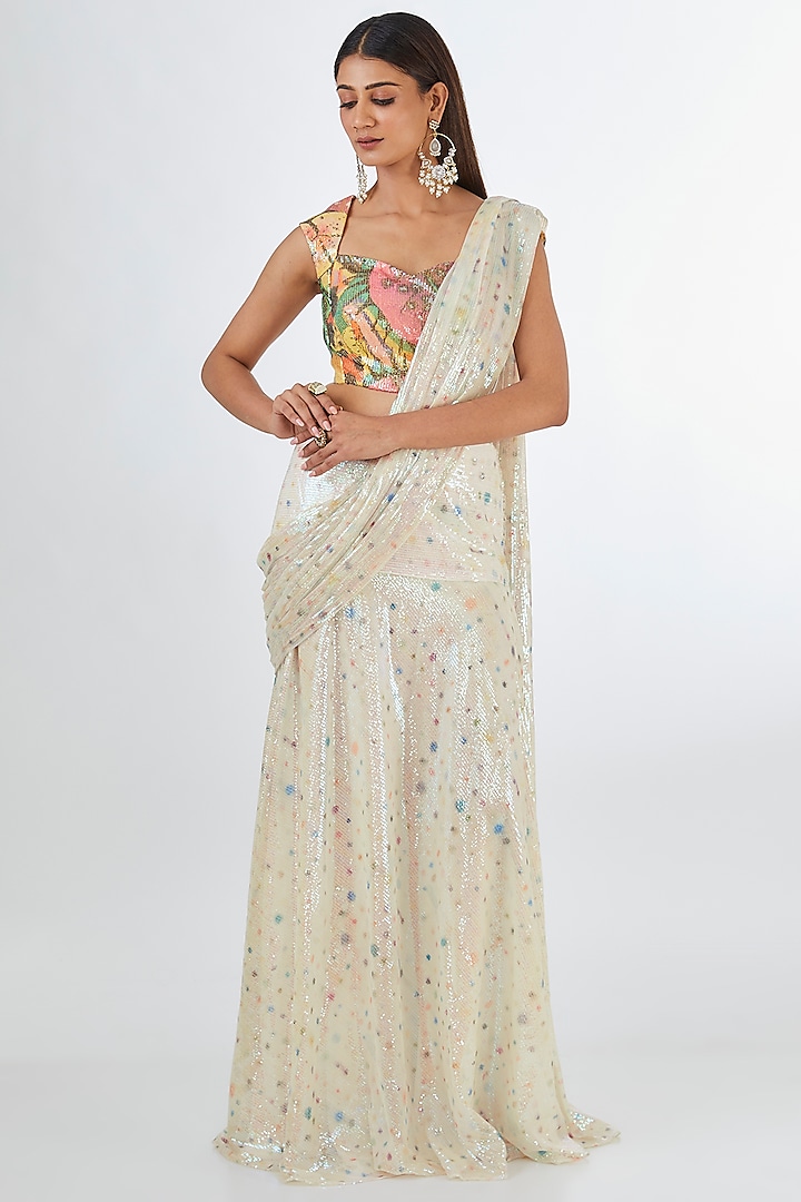 Ivory Sequins Tulle Printed Pre-Draped Wedding Saree Set by Aisha Rao at Pernia's Pop Up Shop