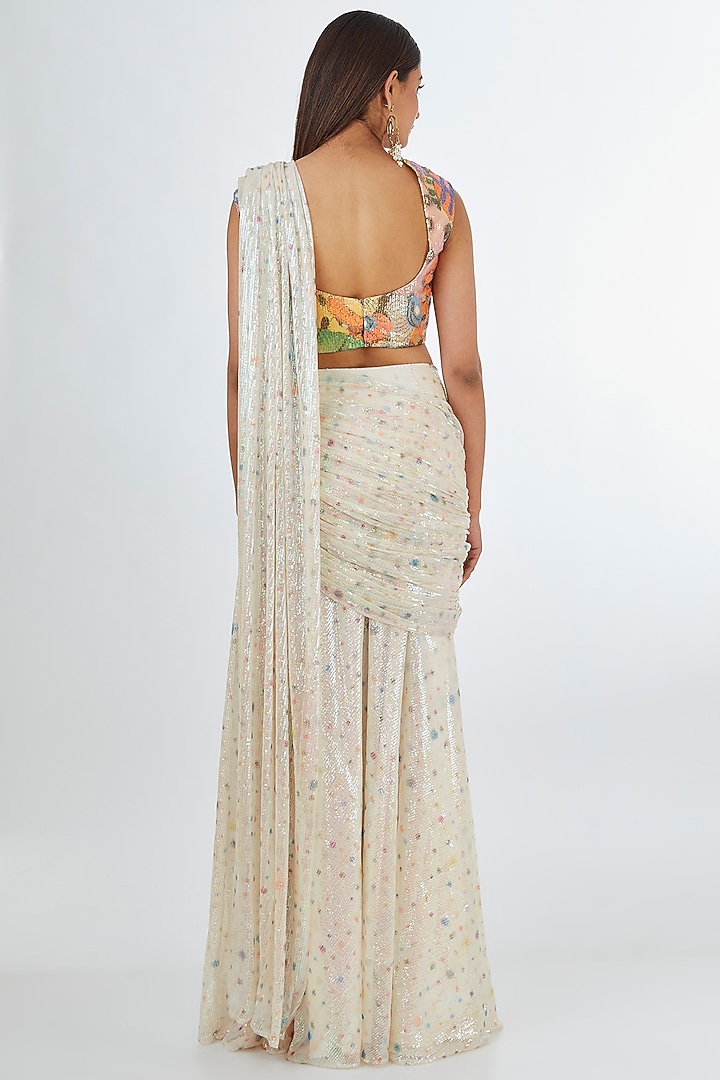 Ivory Sequins Tulle Printed Pre-Draped Reception Saree Set by Aisha Rao at Pernia's Pop Up Shop