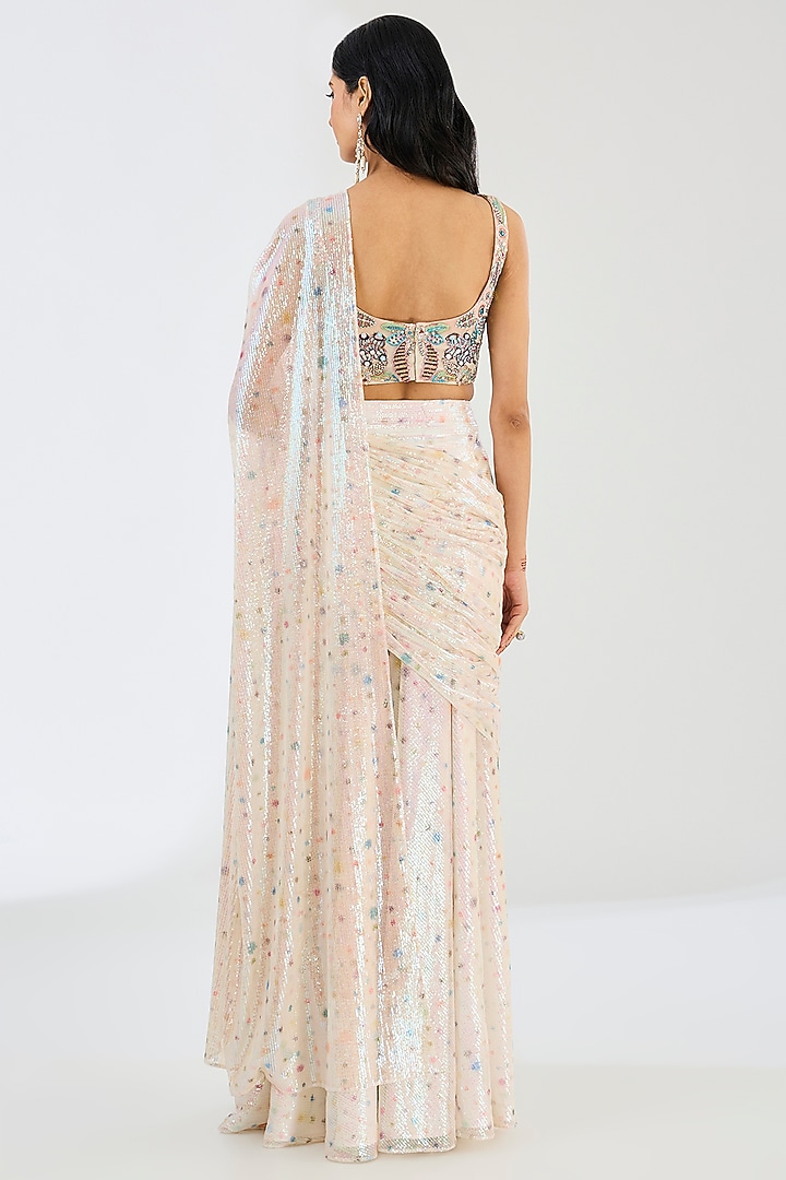 Ivory Sequins Tulle Printed Pre-Draped Reception Saree Set by Aisha Rao at Pernia's Pop Up Shop