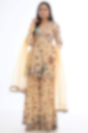 Peach Mulberry Crepe Printed Gharara Set by Aisha Rao at Pernia's Pop Up Shop