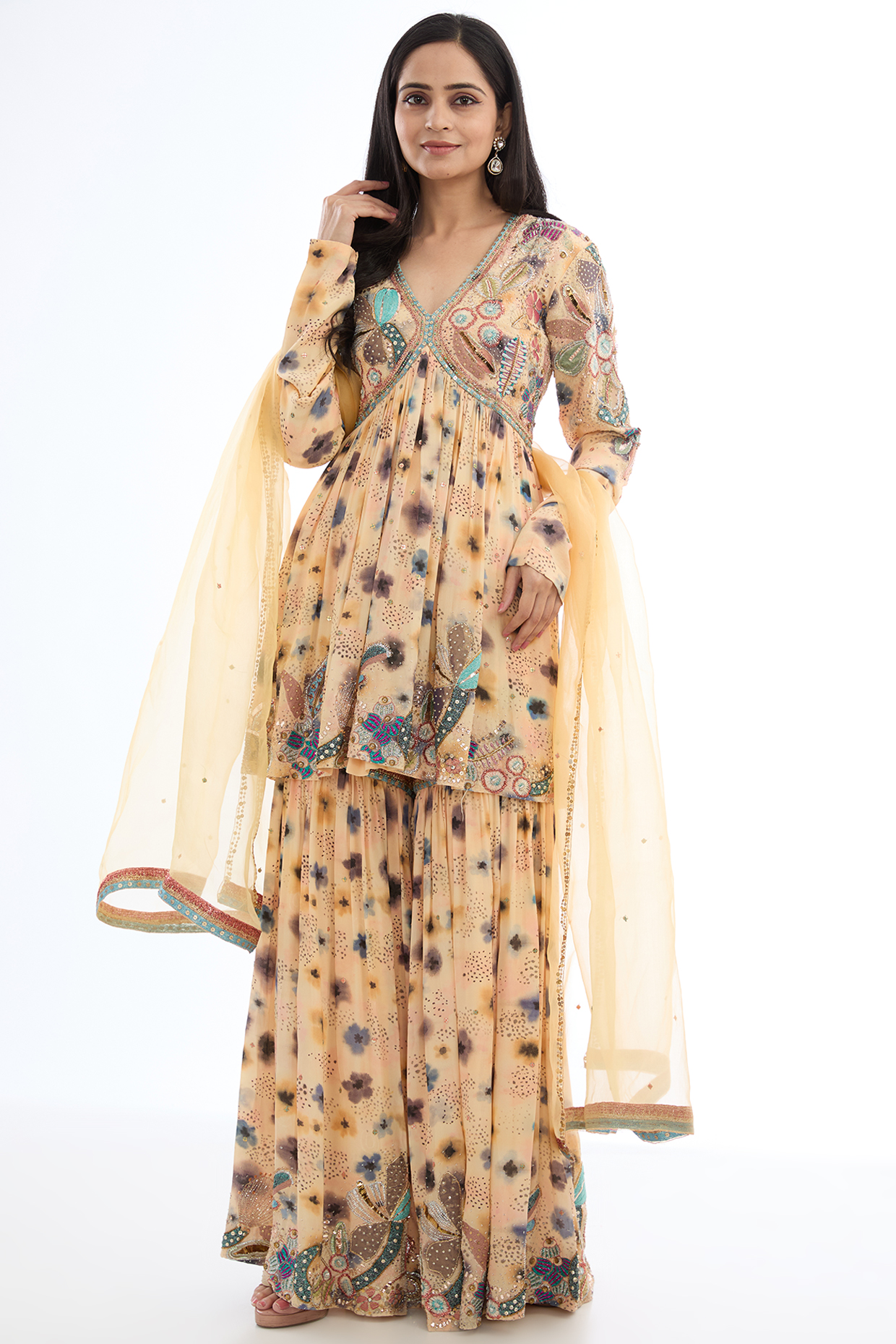 Peach Mulberry Crepe Printed Gharara Set by Aisha Rao at Pernia's Pop Up Shop