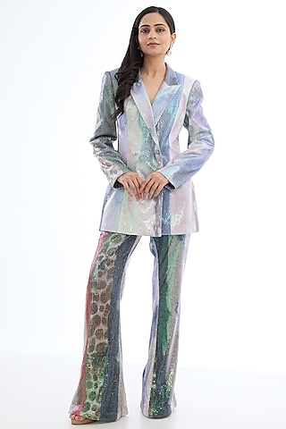 Mist Purple Sequins Tulle Printed Pant Suit Set by Aisha Rao