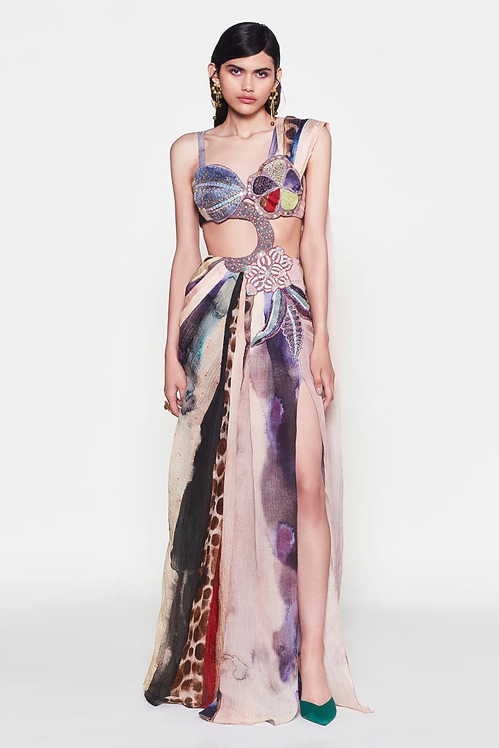 Mist Purple Cupro Applique Embellished Pre-Draped Wedding Saree by Aisha Rao at Pernia's Pop Up Shop