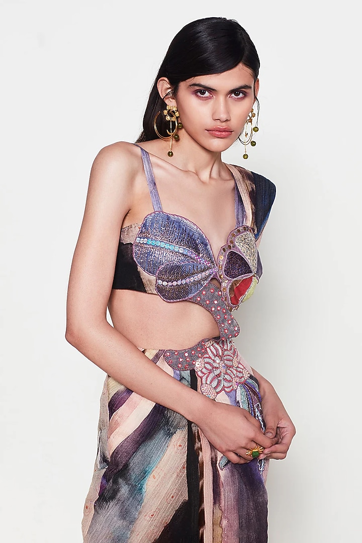 Mist Purple Cupro Applique Embellished Pre-Draped Wedding Saree by Aisha Rao at Pernia's Pop Up Shop