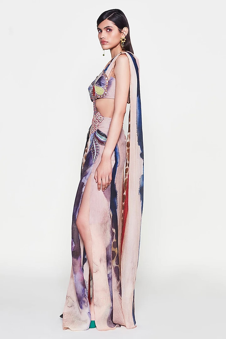 Mist Purple Cupro Applique Embellished Pre-Draped Wedding Saree by Aisha Rao at Pernia's Pop Up Shop