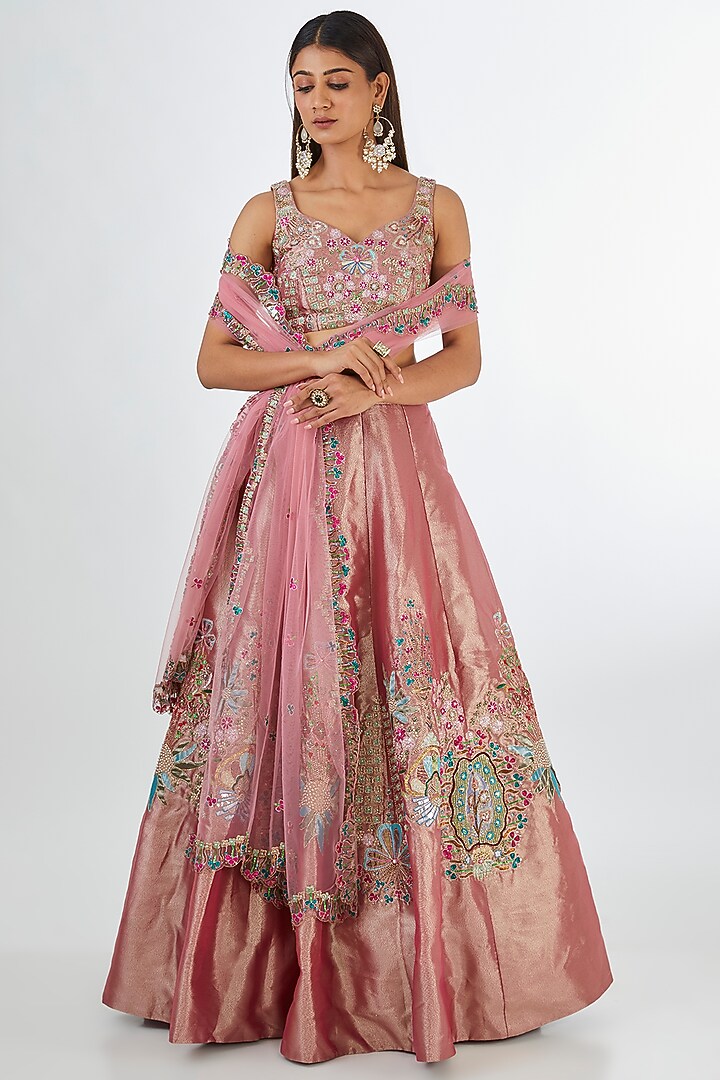Pink Tissue Applique Embellished Bridal Lehenga Set by Aisha Rao at Pernia's Pop Up Shop