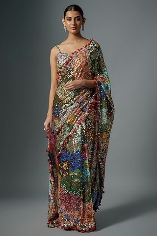 Multi-Colored Sequinned Trencadis Saree Set by Aisha Rao