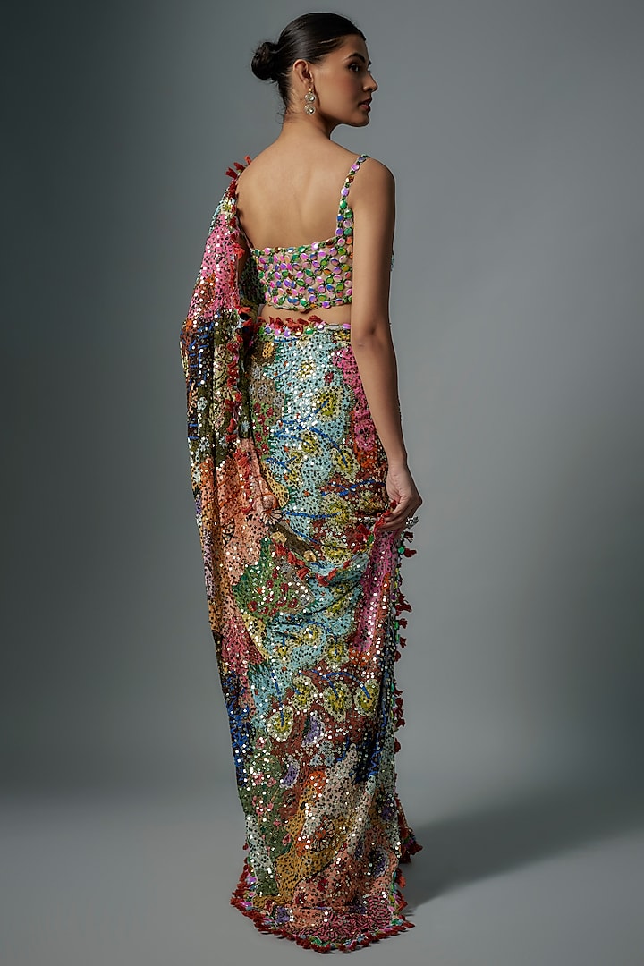 Multi-Colored Sequinned Trencadis Bridal Saree Set by Aisha Rao at Pernia's Pop Up Shop