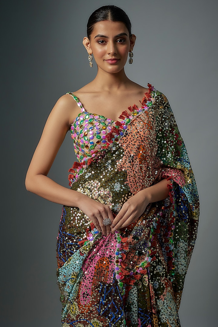 Multi-Colored Sequinned Trencadis Bridal Saree Set by Aisha Rao at Pernia's Pop Up Shop