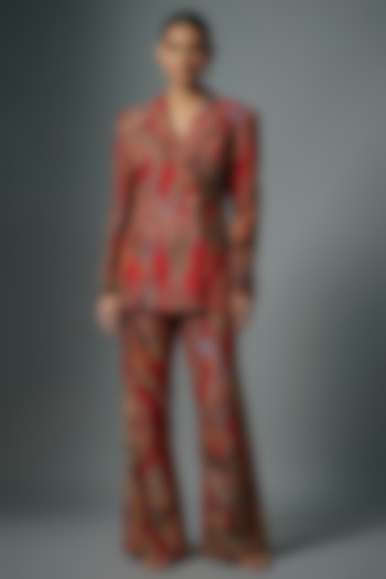 Fiery Red Organza Printed & Embellished Pant Set by Aisha Rao at Pernia's Pop Up Shop