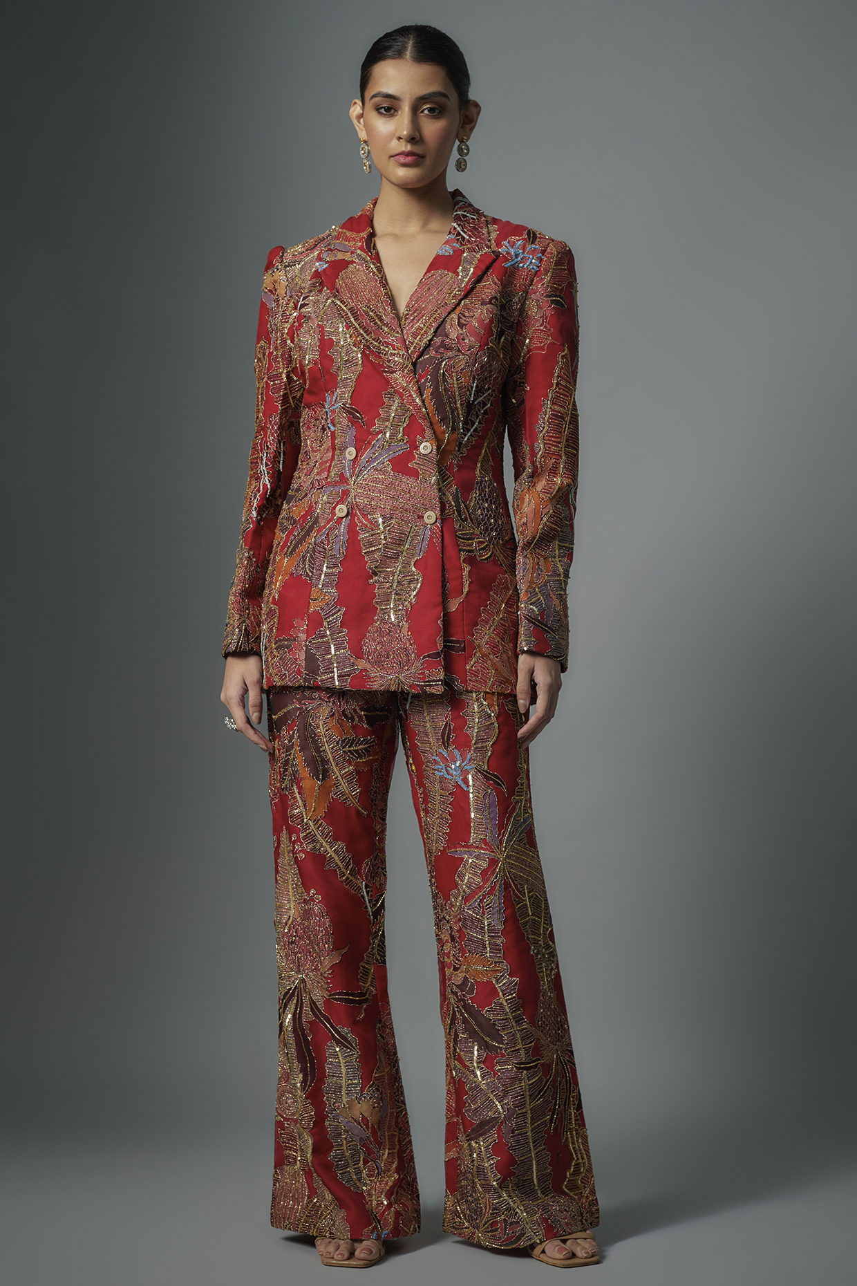 Fiery Red Organza Printed & Embellished Pant Set by Aisha Rao at Pernia's Pop Up Shop