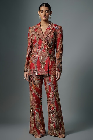 Fiery Red Organza Printed & Embellished Pant Set by Aisha Rao