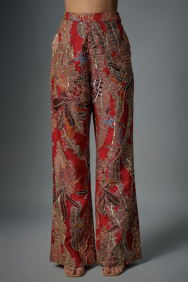 Fiery Red Organza Printed & Embellished Pant Set by Aisha Rao at Pernia's Pop Up Shop