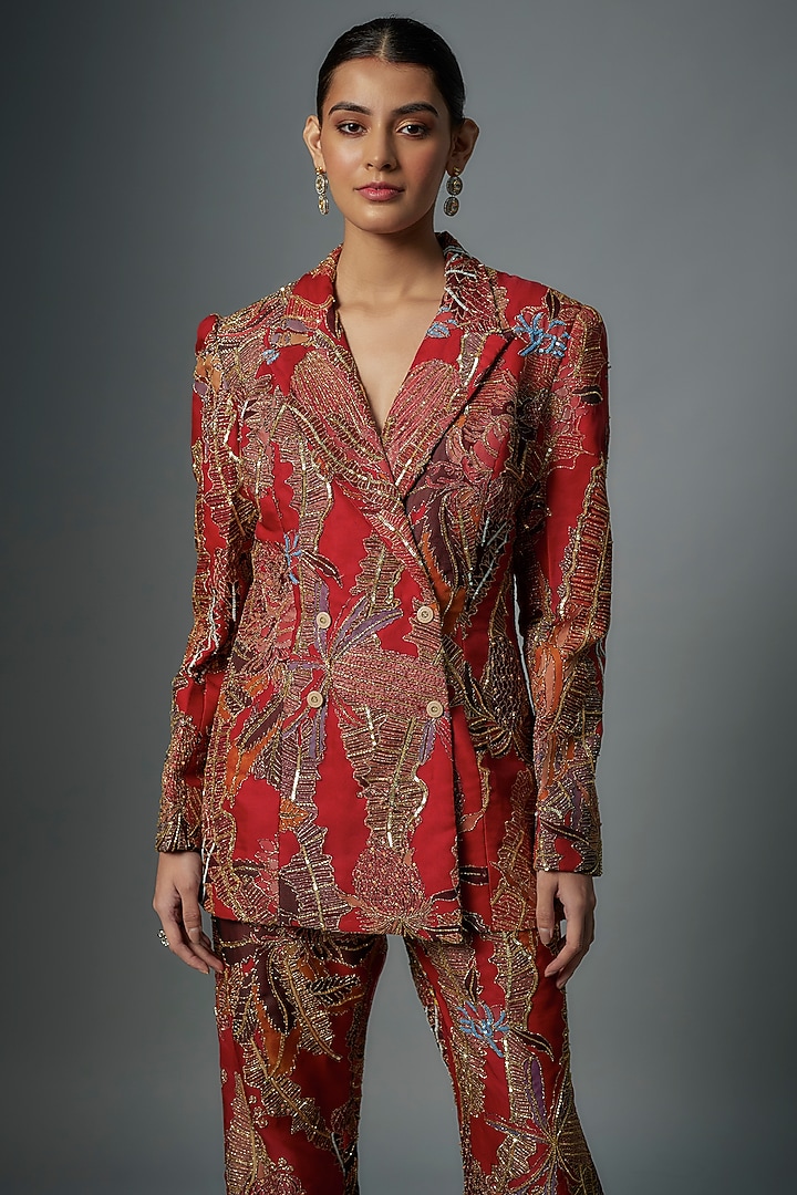 Fiery Red Organza Printed & Embellished Pant Set by Aisha Rao at Pernia's Pop Up Shop