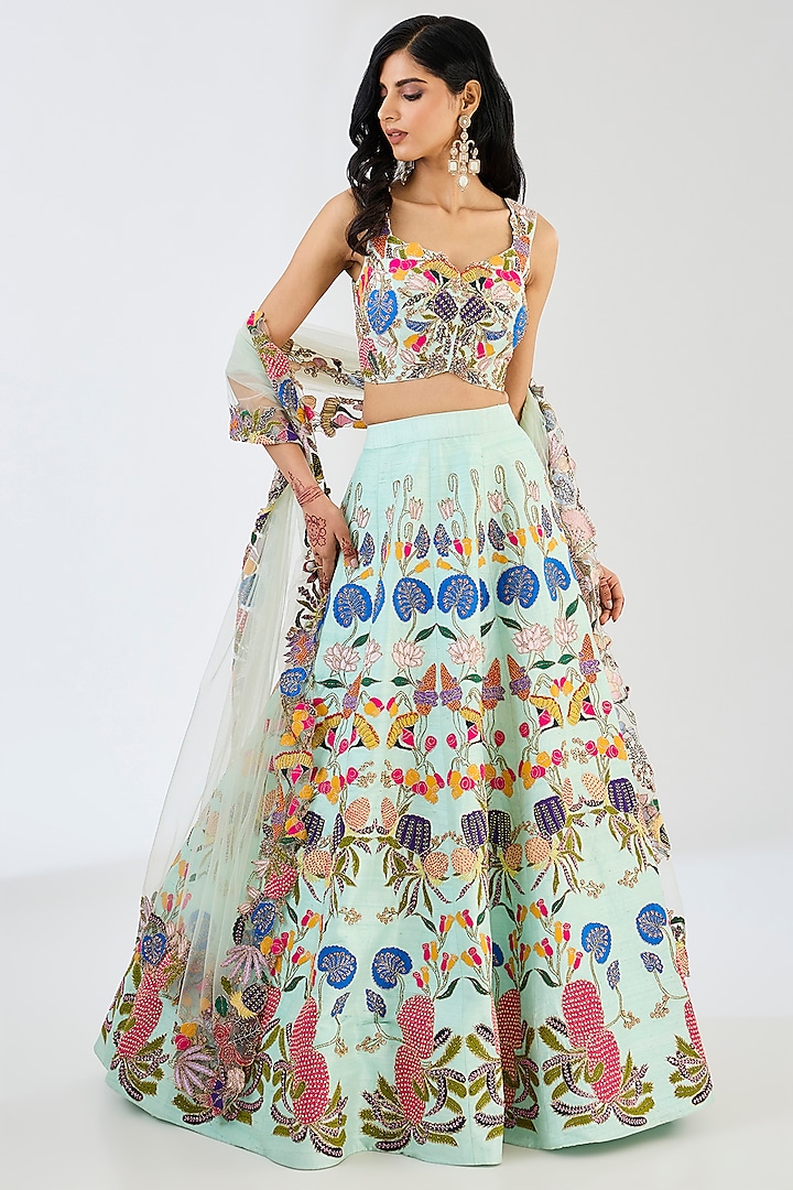 Ice Blue Raw Silk Applique Embellished Bridal lehenga for 22 Lehenga Set by Aisha Rao at Pernia's Pop Up Shop