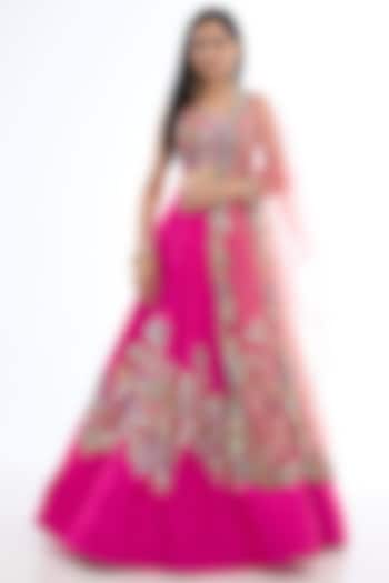 Carmine Pink Raw Silk Applique Embellished Lehenga Set by Aisha Rao