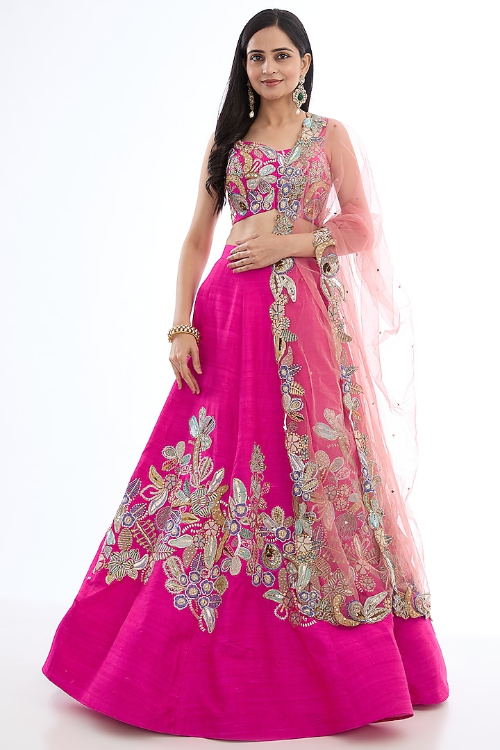 Carmine Pink Raw Silk Applique Embellished Lehenga Set by Aisha Rao