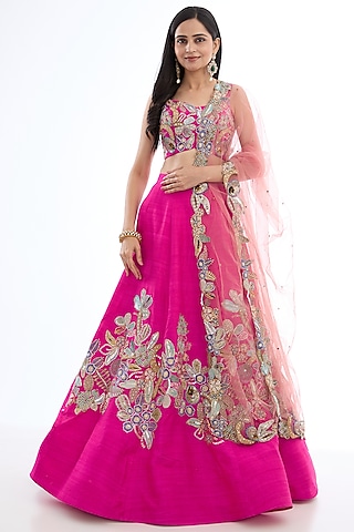 Carmine Pink Raw Silk Applique Embellished Lehenga Set by Aisha Rao