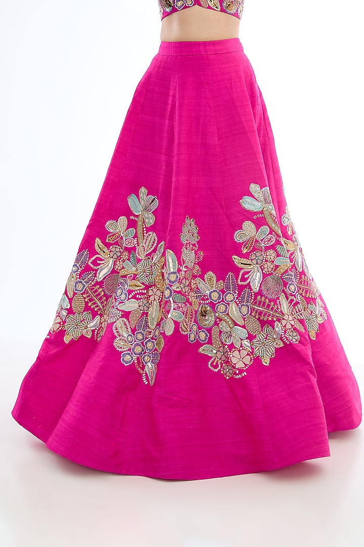 Carmine Pink Raw Silk Applique Embellished Bridal Lehenga Set by Aisha Rao at Pernia's Pop Up Shop