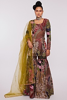 Blue Printed & Embellished Sharara Set by Aisha Rao-AISHA RAO