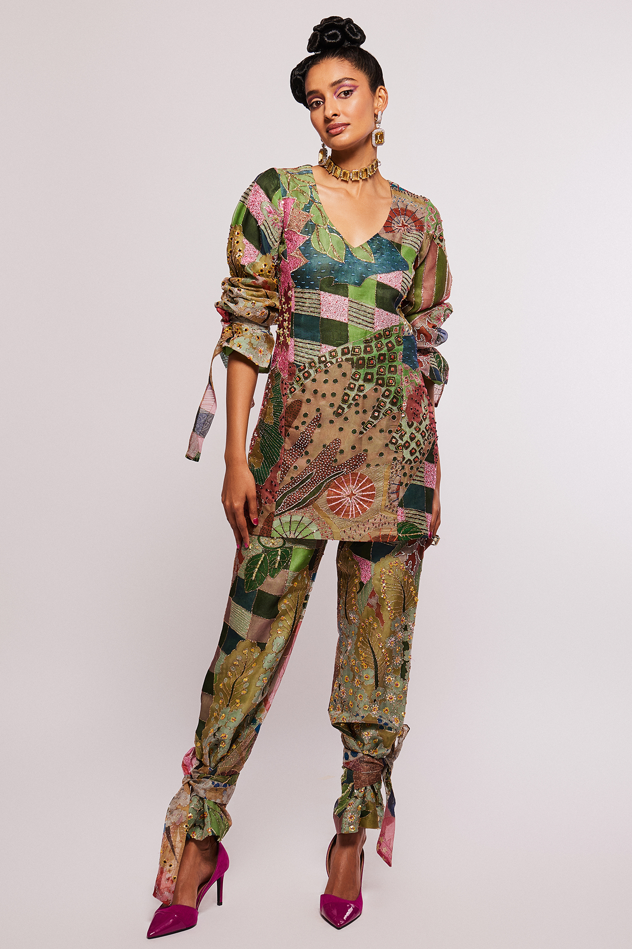 Multi-Colored Printed & Embellished Kurta Set by Aisha Rao