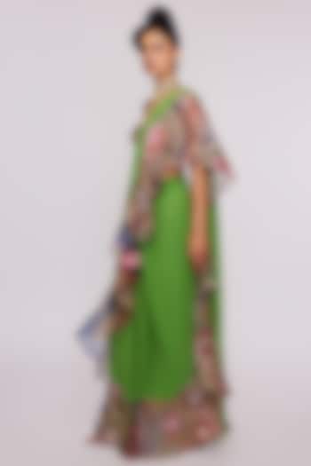 Parrot Green Organza Printed & Embellished Ruffled Reception Saree Set by Aisha Rao at Pernia's Pop Up Shop