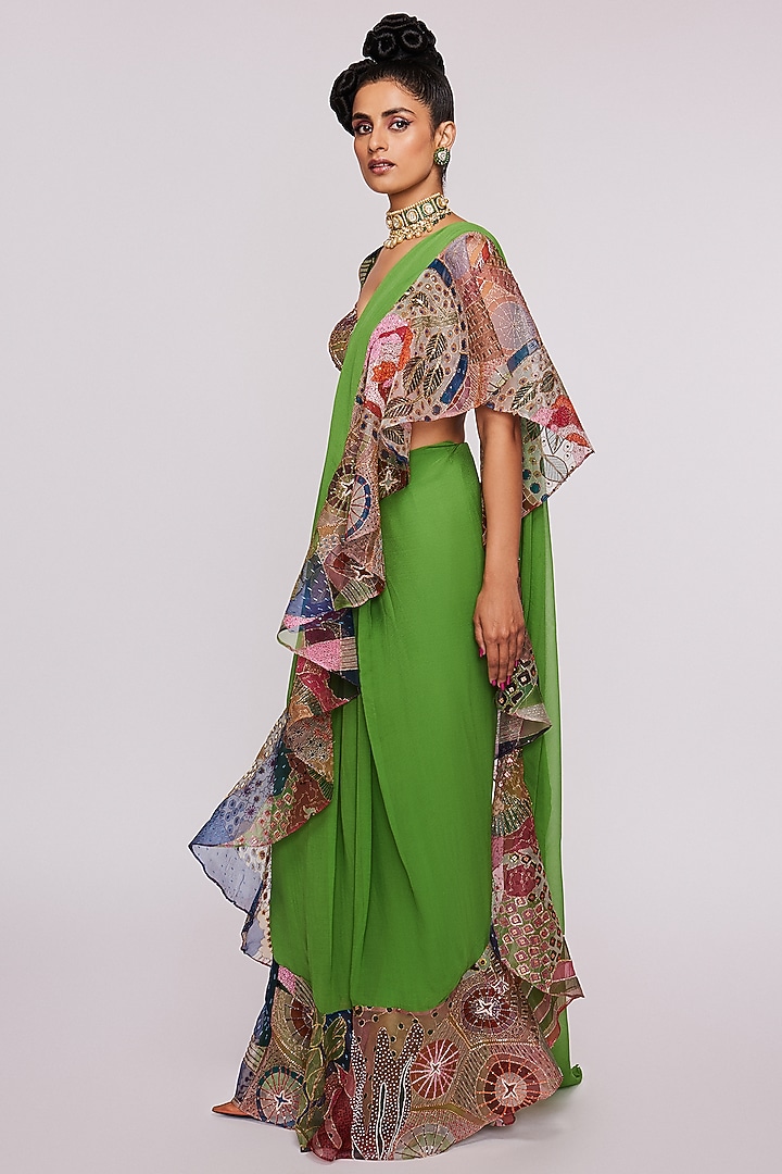 Parrot Green Organza Printed & Embellished Ruffled Reception Saree Set by Aisha Rao at Pernia's Pop Up Shop
