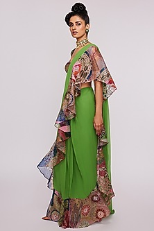 Parrot Green Organza Printed & Embellished Ruffled Saree Set by Aisha Rao-AISHA RAO