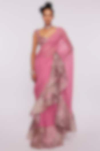 Pink Printed & Embellished Ruffled Saree Set by Aisha Rao