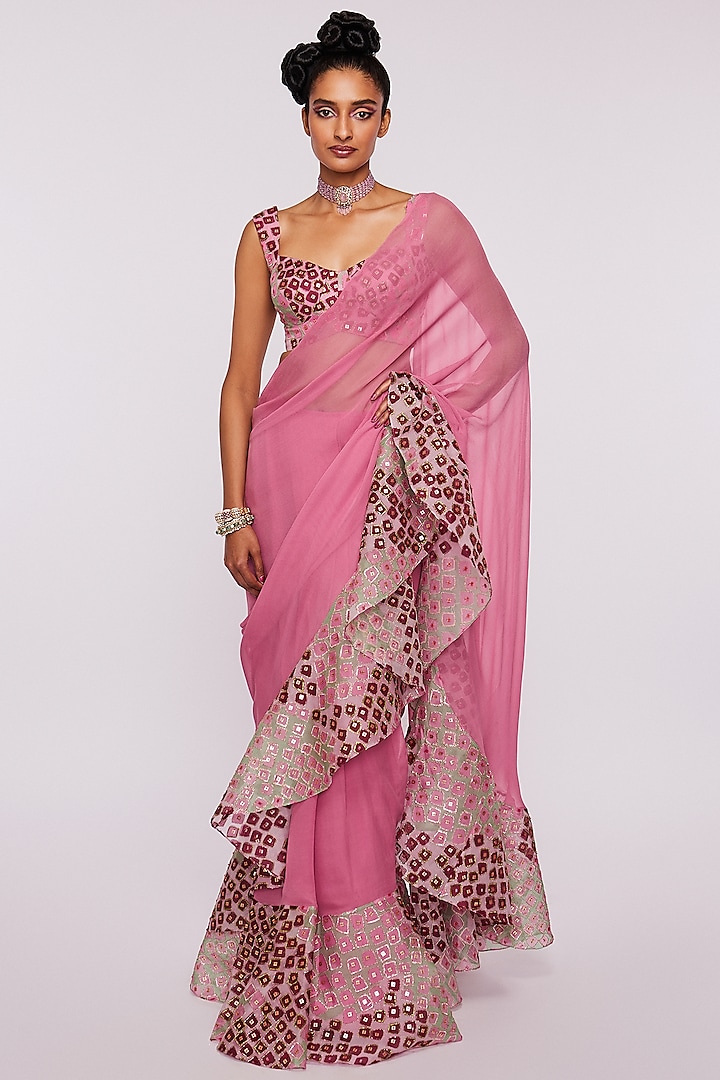 Pink Printed & Embellished Ruffled Saree Set by Aisha Rao