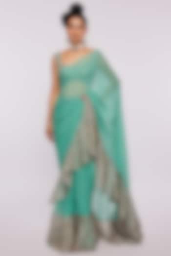 Sea Green Organza Printed & Embellished Ruffled Reception Saree Set by Aisha Rao at Pernia's Pop Up Shop