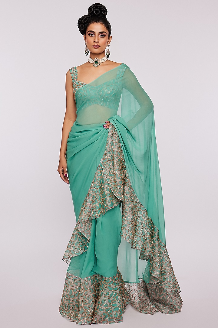 Sea Green Printed & Embellished Ruffled Saree Set by Aisha Rao