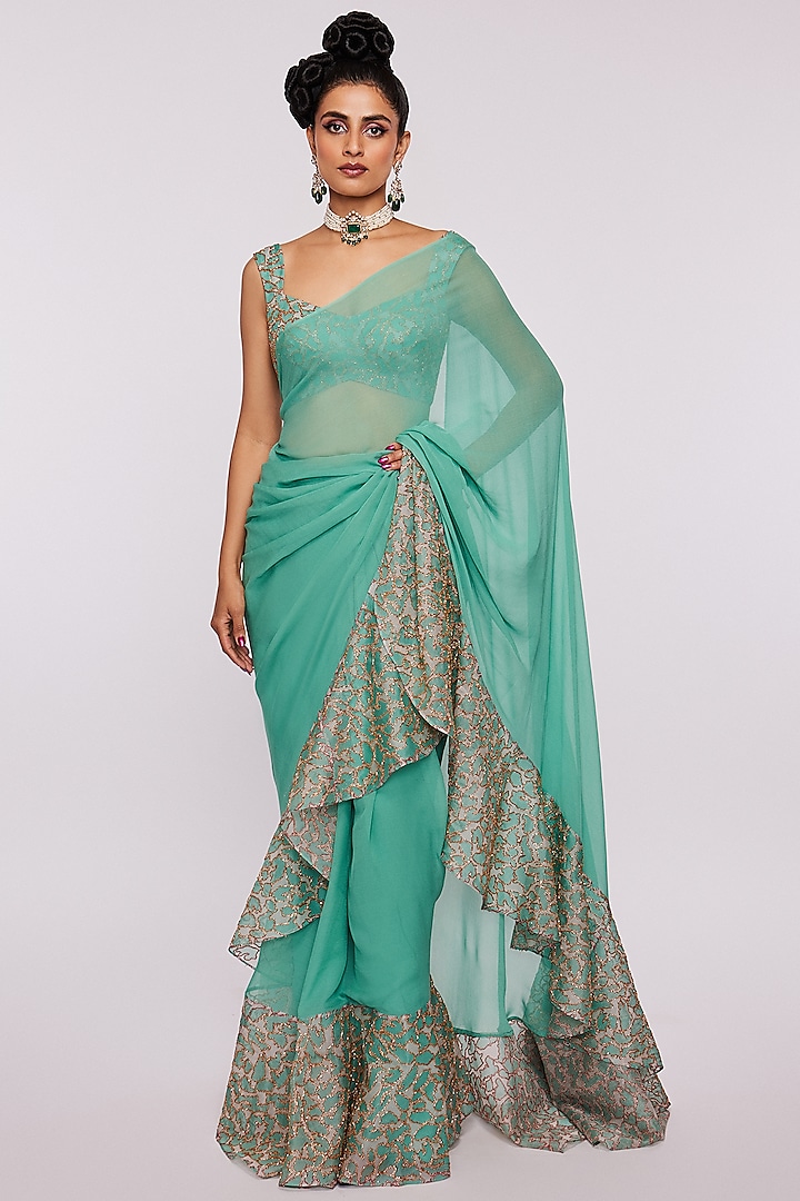 Sea Green Organza Printed & Embellished Ruffled Reception Saree Set by Aisha Rao at Pernia's Pop Up Shop