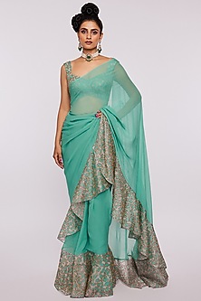 Sea Green Organza Printed & Embellished Ruffled Saree Set by Aisha Rao-AISHA RAO